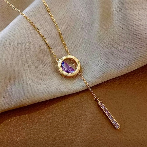 🆕 Stunning 18k Amethyst Roman Numeral Engraved Barrel Lariat Necklace NWT - Picture 7 of 14